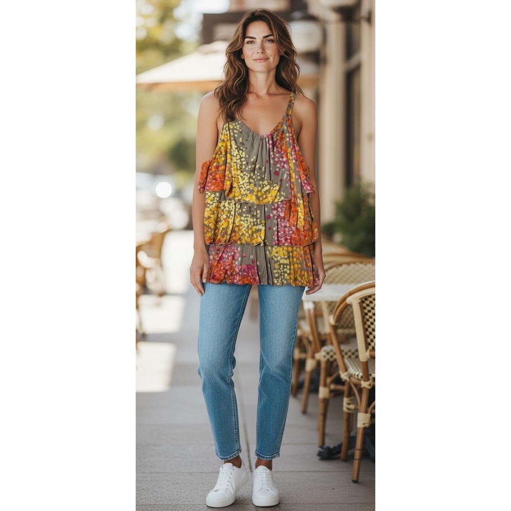 Style & Co Womens Floral Tiered Ruffle Tank Top Multi Color‎ Sleeveless Blouse L